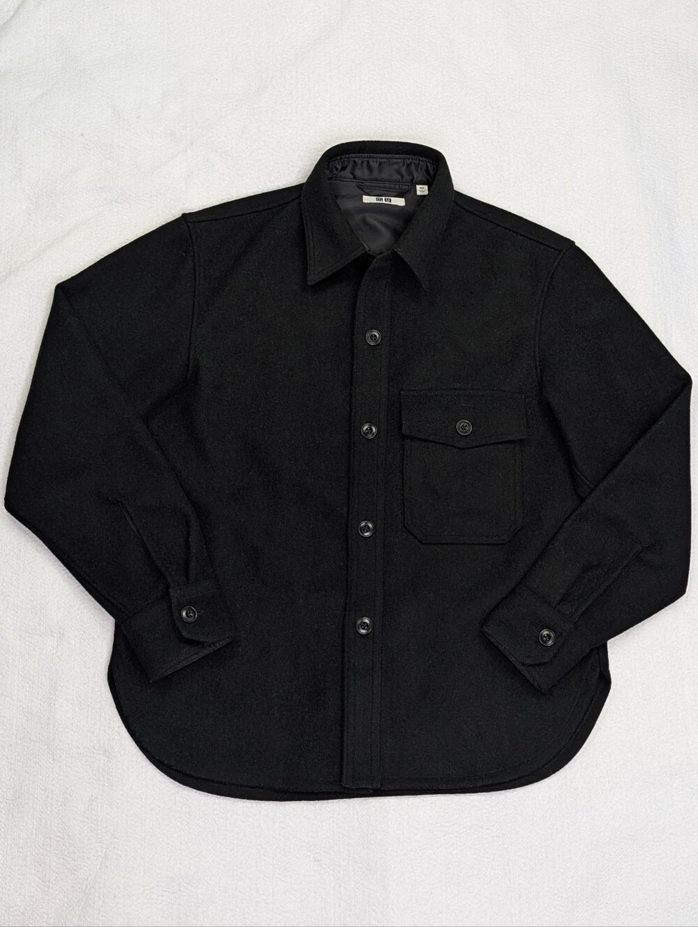 Uniqlo U Fleece Shirt Jacket Mens Sz XXS Black CPO Over Coat Wool Blend Button